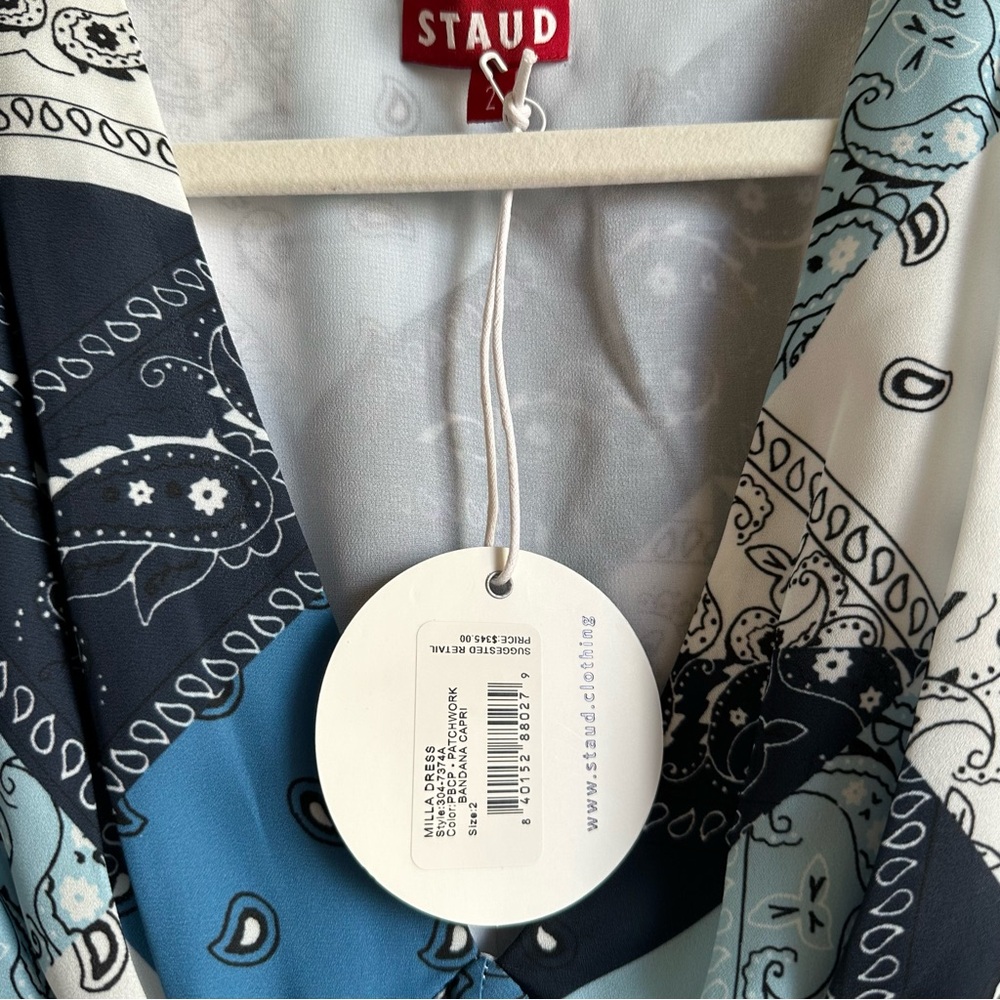 STAUD Milla Midi Dress Patchwork Bandana Capri w/ Short Puff Sleeves & Slit - Picture 11 of 11